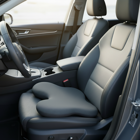 A dark gray contoured car seat cushion resting on a brown leather car seat, with the center console visible in the background.