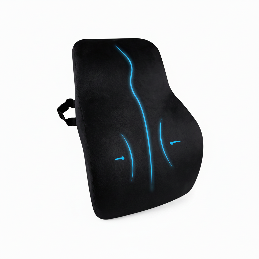 Black seat cushion with blue accents and measurements on a white background