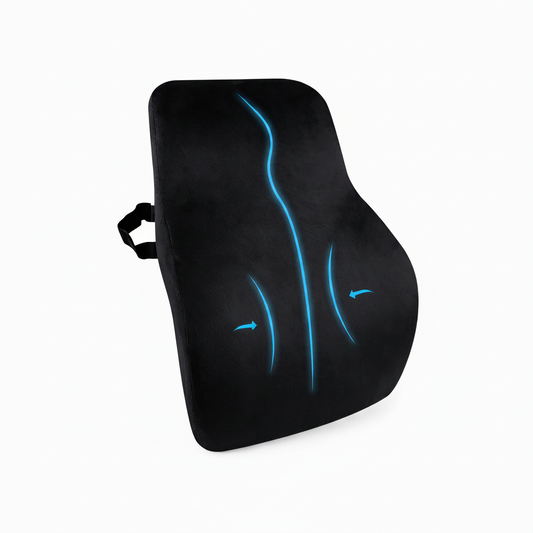 Black seat cushion with blue accents and measurements on a white background