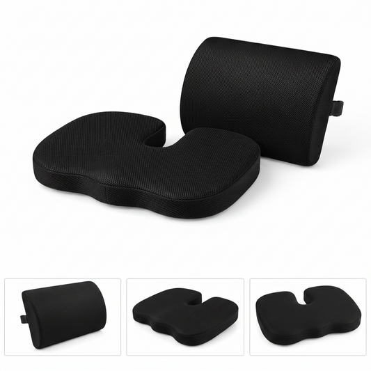Black ergonomic lumbar support cushion set shown on a white background, with the main seat cushion and matching backrest displayed prominently, plus six smaller detail/angle views below including side view, front view with buckle, close-up fabric texture, and half white close-up.