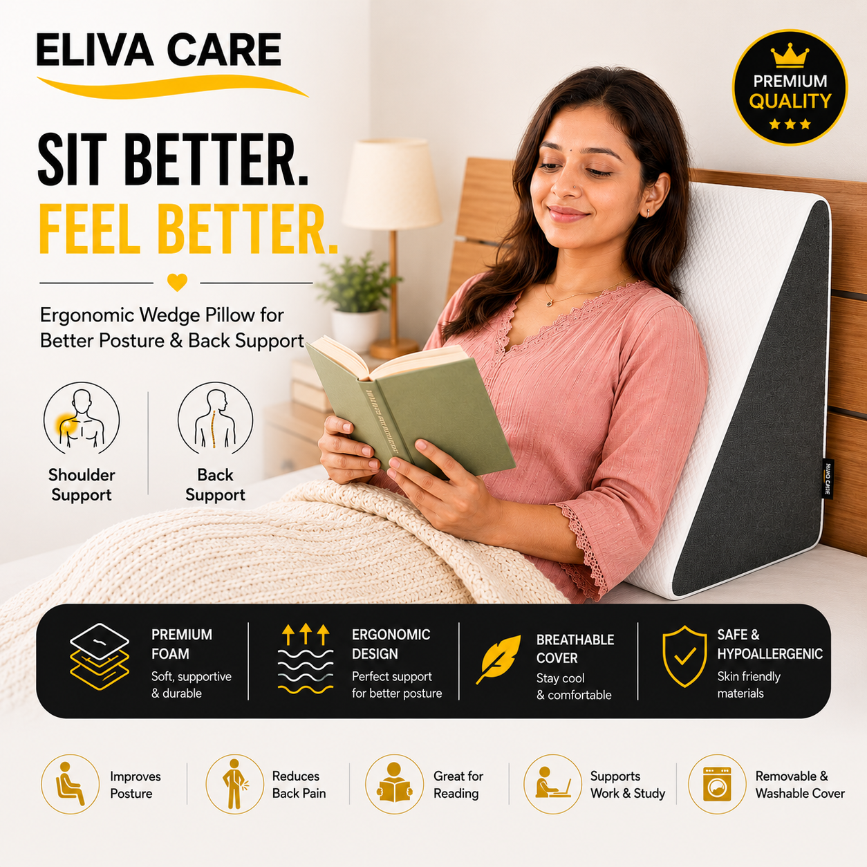 Wedge Pillow for Better Sleep & Acid Reflux Relief