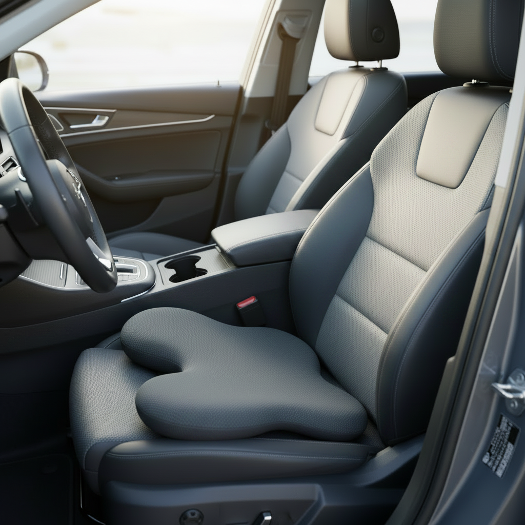 A dark gray contoured car seat cushion resting on a brown leather car seat, with the center console visible in the background.