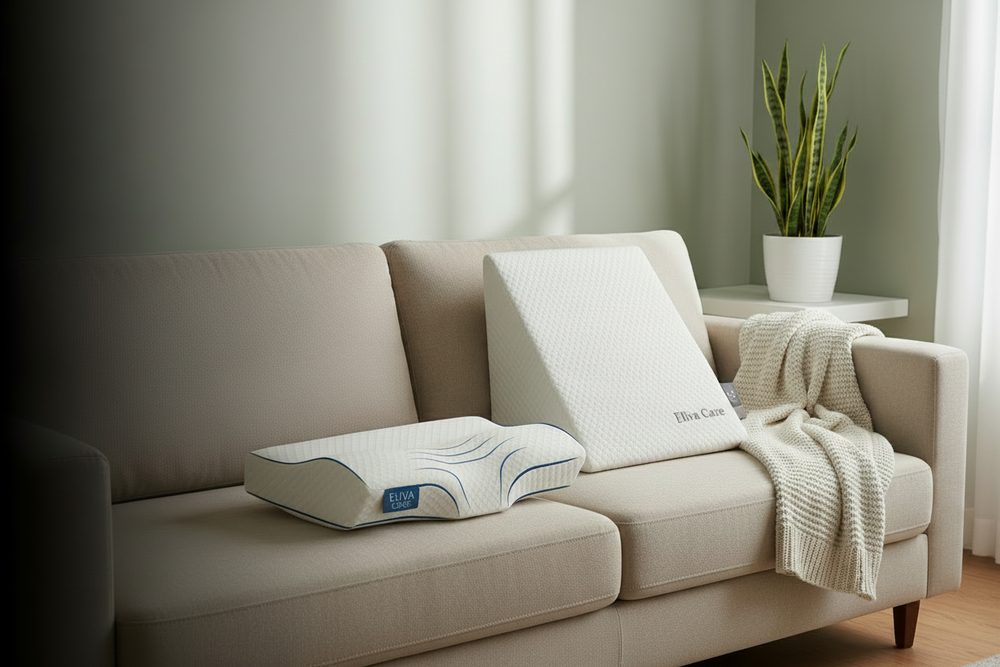 Eliva Care Hero — Wedge & Cervical Pillow on Sofa