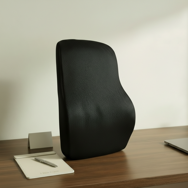 Black office chair cushion on a wooden desk with a laptop and coffee cup in a minimalistic room.