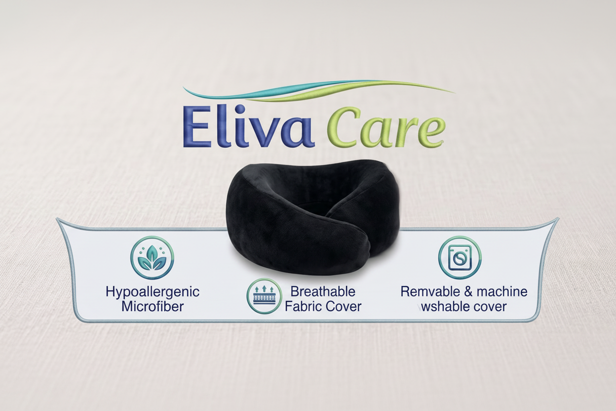 Eliva Care Travel Neck Pillow – 360° Support, Memory Foam & Soft Velvet Comfort