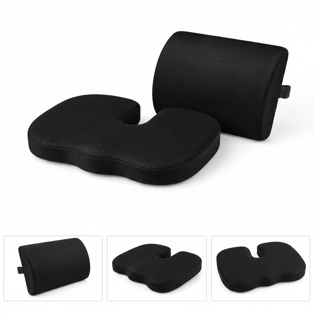 Black ergonomic lumbar support cushion set shown on a white background, with the main seat cushion and matching backrest displayed prominently, plus six smaller detail/angle views below including side view, front view with buckle, close-up fabric texture, and half white close-up.